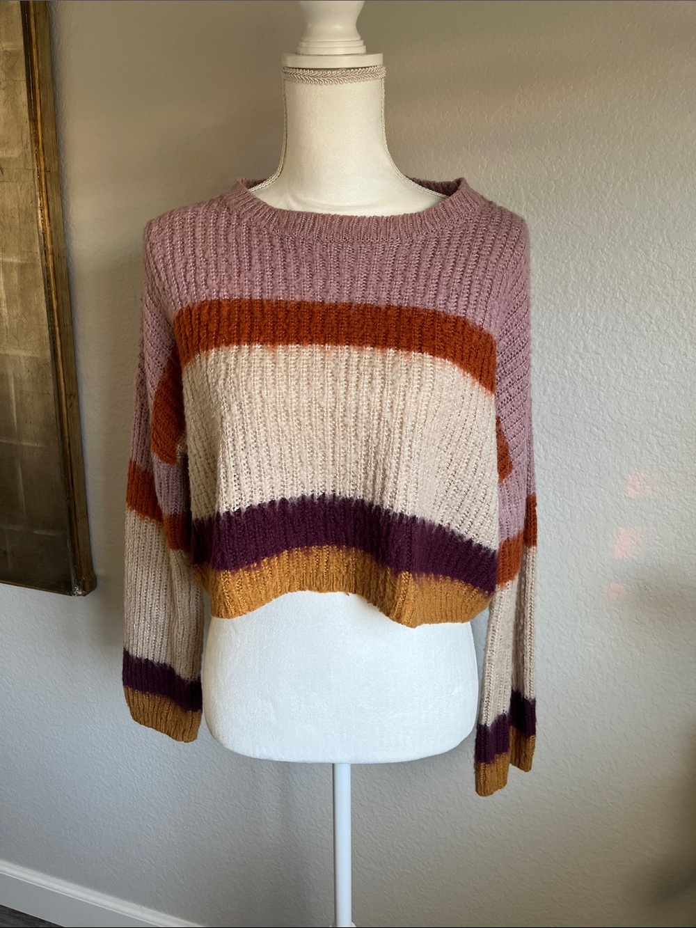 Cropped Stripe Knit Sweater in Pink, Cream & Rust